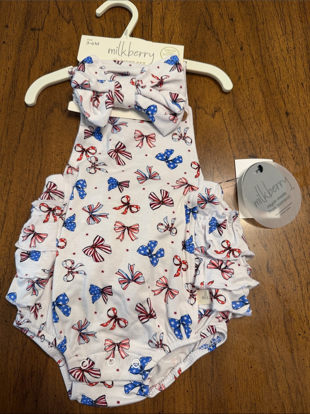 Milkberry Bamboo White Patriotic Bow Ruffle Romper with Headband Bow New w Tags!